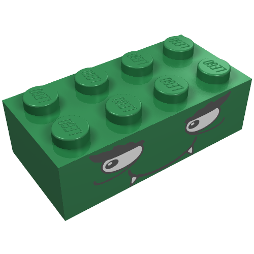 Rendu LDraw de Brique 2 x 4 avec le visage souriant avec le motif imprimé de crocs (Brick 2 x 4 with Smiling Face with Fangs Print), couleur indicative