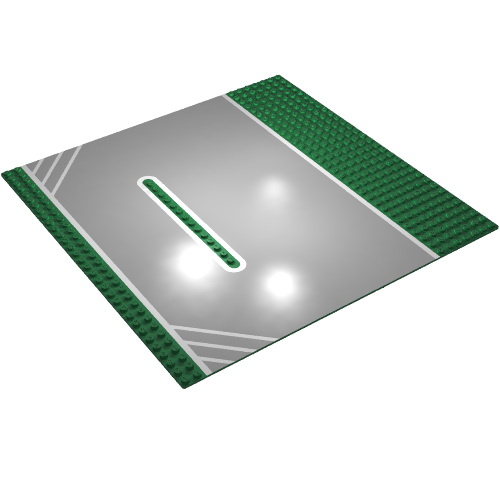 Rendu LDraw de Plaque de base 32 x 32 fendue avec 1 x 14 tenons centraux et motif imprimé course (Baseplate 32 x 32 Split with 1 x 14 Center Studs and Racing Print), couleur indicative