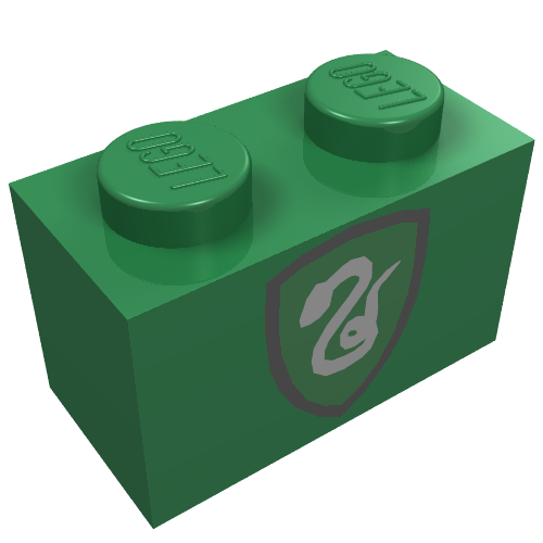 Rendu LDraw de Brique 1 x 2 avec serpent argenté sur motif imprimé bouclier vert (Brick 1 x 2 with Silver Snake on Green Shield Print), couleur indicative