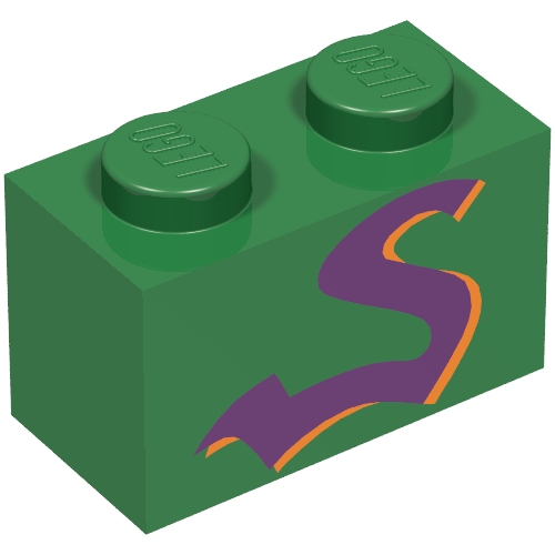 Rendu LDraw de Brique 1 x 2 avec motif imprimé Serpent pourpre (Brick 1 x 2 with Purple Snake Print), couleur indicative