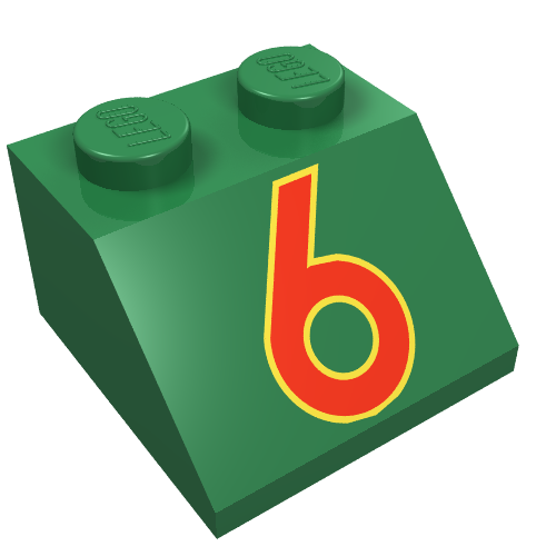 Rendu LDraw de Brique inclinée 45° 2 x 2 avec motif imprimé rouge/jaune '6' (Brick Sloped 45° 2 x 2 with Red/Yellow '6' Print), couleur indicative