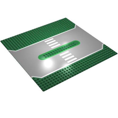 Rendu LDraw de Plaque de base 32 x 32 fendue avec 2 x 14 tenons centraux, route grise, lignes blanches et motif imprimé passerelle (Baseplate 32 x 32 Split with 2 x 14 Center Studs, Gray Road, White Lines, and Crosswalk Print), couleur indicative