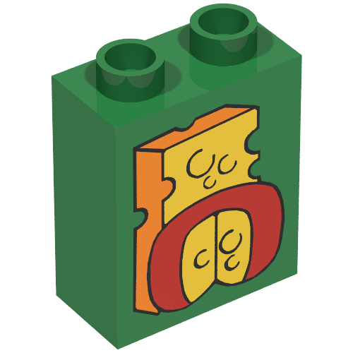 Rendu LDraw de Duplo Brique 1 x 2 x 2 avec Two Cheeses Print, couleur indicative