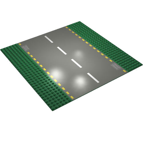 Rendu LDraw de Baseplate 32 x 32 avec 6-tenon Straight avec Dark Gray Road, Yellow Dashed Lines and Storm Drains Print, couleur indicative