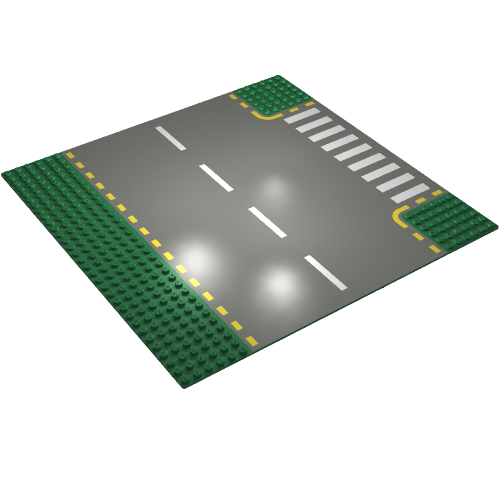 Rendu LDraw de Baseplate 32 x 32 avec 6-tenon T Intersection avec Dark Gray Road, Yellow Dashed Lines, and Crosswalk Print, couleur indicative