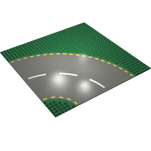 Rendu LDraw de Baseplate 32 x 32 avec 6-tenon Curve avec Dark Gray Road avec Yellow Dashed Lines Print, couleur indicative