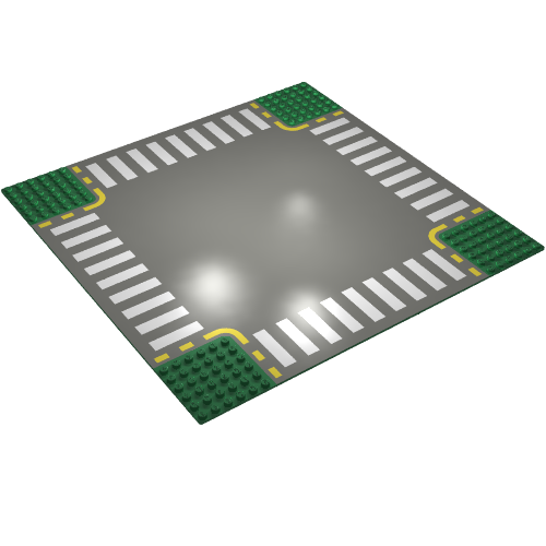 Rendu LDraw de Baseplate 32 x 32 avec 6-tenon Crossroads avec Dark Gray Road, Yellow Dashed Lines and Crosswalks Print, couleur indicative