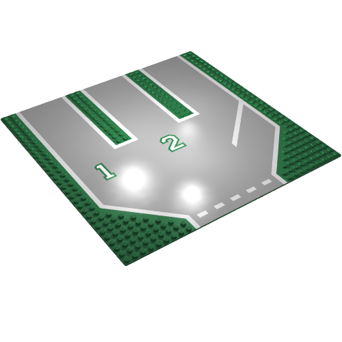 Rendu LDraw de Baseplate 32 x 32 avec 9-tenon Straight, 3-Lanes and '1', '2', and White Lines Print, couleur indicative