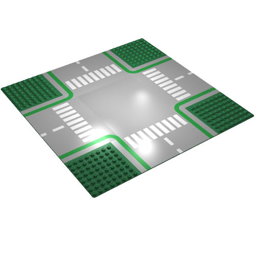 Rendu LDraw de Baseplate 32 x 32 avec 8-tenon Crossroads avec Gray Road and White Crosswalks Print, couleur indicative