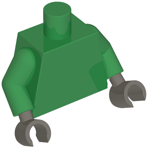 Rendu LDraw de Torse, bras verts, mains gris bleuâtre foncé [sans motif] (Torso, Green Arms, Dark Bluish Gray Hands [Plain]), couleur indicative