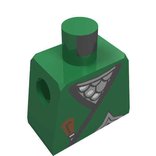 Rendu LDraw de Torse, enveloppe de ninja, poignard gris foncé, étoile d'or, motif imprimé armure à écailles d'or, bras verts, mains jaunes (Torso, Ninja Wrap, Dark Gray Dagger, Gold Star, Gold Scale Mail Print, Green Arms, Yellow Hands), couleur indicative