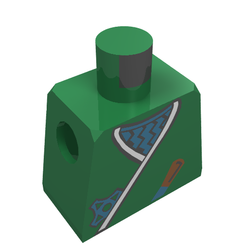 Rendu LDraw de Torse, enveloppe de ninja, poignard, étoile d'or, motif imprimé zigzags d'or, bras verts, mains jaunes (Torso, Ninja Wrap, Dagger, Gold Star, Gold Zigzags Print, Green Arms, Yellow Hands), couleur indicative