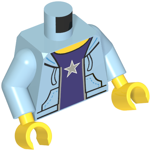Sweat-chemise à capuche torse ouvert avec chemise violette, motif imprimé étoile argentée, bras bleu clair vif, mains jaunes (Torso Hooded Sweatshirt Open with Purple Shirt, Silver Star Print, Bright Light Blue Arms, Yellow Hands)