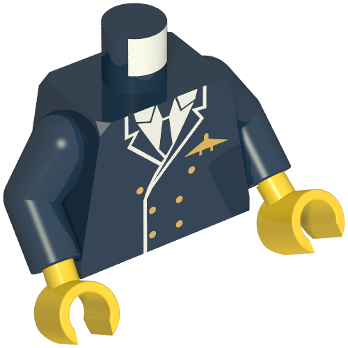 Rendu LDraw de Torse, veste de pilote, costume double poitrine, cravate, boutons dorés et logo imprimé, bras bleu foncé, mains jaunes (Torso, Pilot Jacket, Suit Double Breasted, Tie, Gold Buttons and Logo Pin Print, Dark Blue Arms, Yellow Hands), couleur indicative