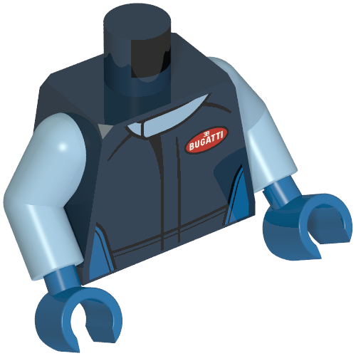Rendu LDraw de Torse, veste de course, col bleu clair vif, rouge 'Bugatti' Logo imprimé, bras bleu clair vif, mains bleues (Torso, Racing Jacket, Bright Light Blue Collar, Red 'Bugatti' Logo Print, Bright Light Blue Arms, Blue Hands), couleur indicative