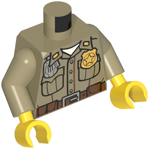 Torse, chemise boutonné vers le bas avec poches, radio, insigne de police or et motif imprimé ceinture marron foncé, bras beige foncé, mains jaunes (Torso, Shirt Button Down with Pockets, Radio, Gold Police Badge and Dark Brown Belt Print, Dark Tan Arms, Yellow Hands)