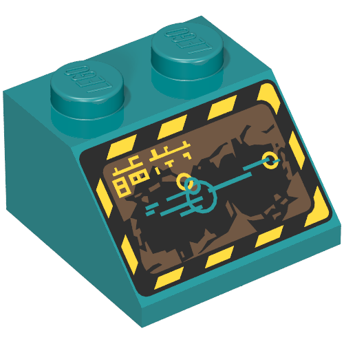Rendu LDraw de Brique inclinée 45° 2 x 2 avec bordure noire et jaune et motif sérigraphié (rocher raiders) (Brick Sloped 45° 2 x 2 with Black and Yellow Border and Screen Print (Rock Raiders)), couleur indicative