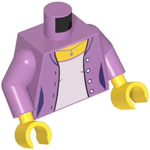 Torse veste, boutons, chemise de lavande, collier avec pendentif imprimé, bras lavande moyen, mains jaunes (Torso Jacket, Buttons, Lavender Shirt, Necklace with Pendant Print, Medium Lavender Arms, Yellow Hands)