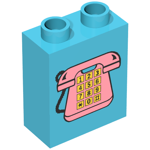 Rendu LDraw de Duplo Brique 1 x 2 x 2 avec Telephone Print 1, Pink avec Yellow Buttons, couleur indicative