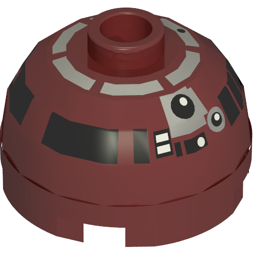 Rendu LDraw de Brique ronde 2 x 2 dessus de dôme, tenon creux bouché, porte-axe inférieur avec motif imprimé astromécano droïde argent et noir (r4-p17) (Brick Round 2 x 2 Dome Top, Blocked Open Stud, Bottom Axle Holder with Silver and Black Astromech Droid Print (R4-P17)), couleur indicative