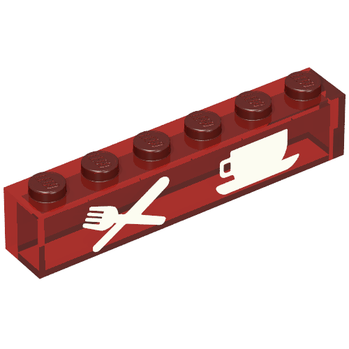 Rendu LDraw de Brique 1 x 6 avec couteau et fourchette blancs, tasse et soucoupe motif imprimé (Brick 1 x 6 with White Knife & Fork, Cup & Saucer Print), couleur indicative