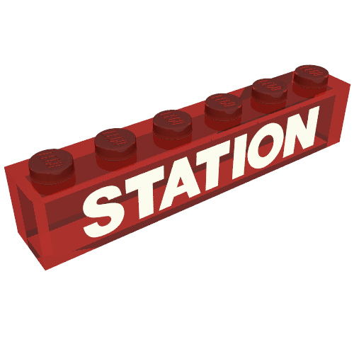 Rendu LDraw de Brique 1 x 6 avec motif imprimé blanc 'STATION' (Brick 1 x 6 with White 'STATION' Print), couleur indicative