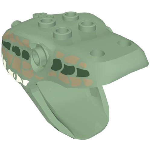 Rendu LDraw de Partie du corps animal, Serpent / tête de serpent, basilic avec motif imprimé vert foncé, beige foncé et gris clair (Animal Body Part, Snake / Serpent Head, Basilisk with Dark Green, Dark Tan, and Light Gray Scales Print), couleur indicative