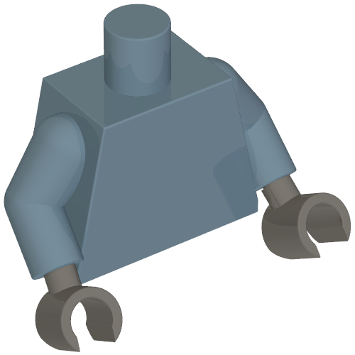 Rendu LDraw de Torse, bras bleu sable, mains gris bleuté foncé [sans motif] (Torso, Sand Blue Arms, Dark Bluish Gray Hands [Plain]), couleur indicative
