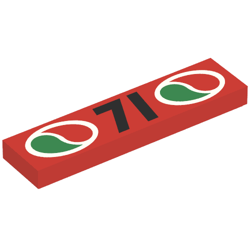 Rendu LDraw de Tuile 1 x 4 avec Octan Logos et motif imprimé '71' (Tile 1 x 4 with Octan Logos and '71' Print), couleur indicative