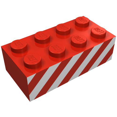 Rendu LDraw de Brique 2 x 4 avec motif imprimé de rayures diagonales blanches sur les deux côtés (Brick 2 x 4 with White Diagonal Stripes Print on Both Sides), couleur indicative