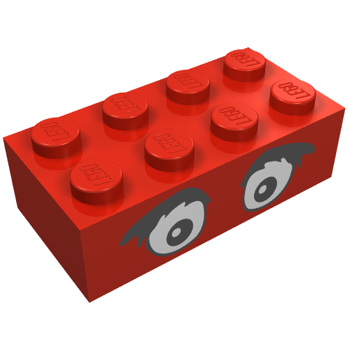 Rendu LDraw de Brique 2 x 4 avec des yeux et des sourcils touffus motif imprimé (Brick 2 x 4 with Eyes and Bushy Eyebrows Print), couleur indicative