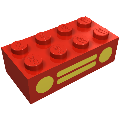 Rendu LDraw de Brique 2 x 4 avec grille de voiture jaune motif imprimé (Brick 2 x 4 with Yellow Car Grille Print), couleur indicative