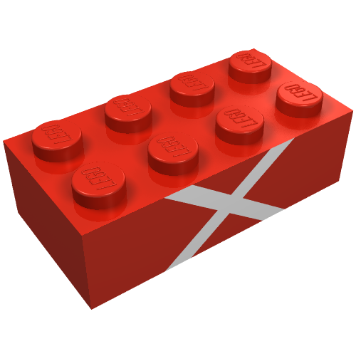 Rendu LDraw de Brique 2 x 4 avec motif imprimé croix blanche (Brick 2 x 4 with White Cross Print), couleur indicative