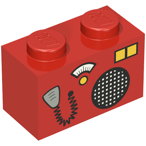 Rendu LDraw de Brique 1 x 2 avec motif imprimé Radio et Microphone (Brick 1 x 2 with Radio and Microphone Print), couleur indicative