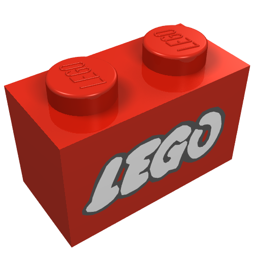 Rendu LDraw de Brique 1 x 2 avec logo LEGO ouvert O blanc avec motif imprimé contour noir (Brick 1 x 2 with LEGO Logo Open O White with Black Outline Print), couleur indicative
