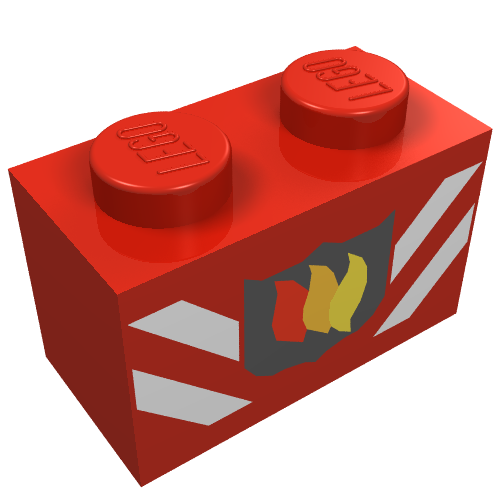 Rendu LDraw de Brique 1 x 2 avec insigne de logo de feu et motif imprimé rayures blanches (Brick 1 x 2 with Fire Logo Badge and White Stripes Print), couleur indicative