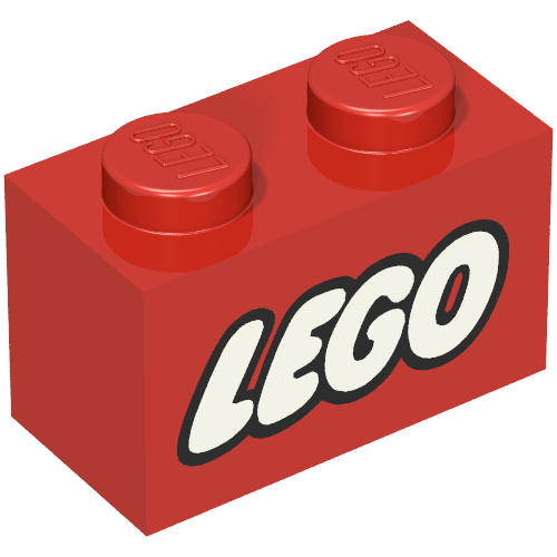 Rendu LDraw de Brique 1 x 2 avec logo LEGO fermé O blanc avec motif imprimé contour noir (Brick 1 x 2 with LEGO Logo Closed O White with Black Outline Print), couleur indicative