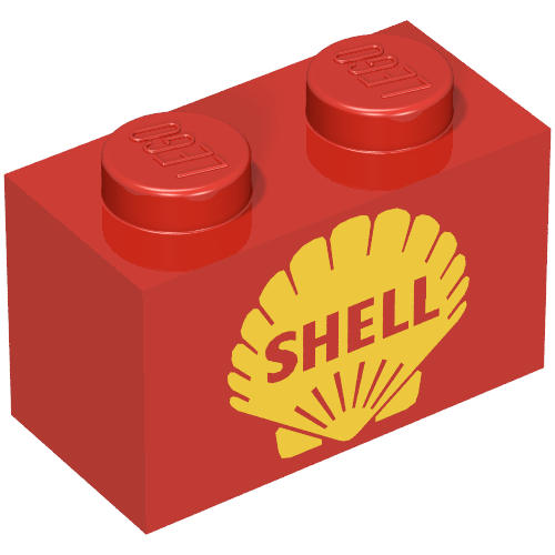 Rendu LDraw de Brique 1 x 2 avec logo Shell type ii motif imprimé (Brick 1 x 2 with Shell Logo Type II Print), couleur indicative