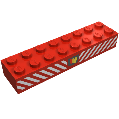 Rendu LDraw de Brique 2 x 8 avec insigne de logo de feu et motif imprimé de rayures diagonales blanches (Brick 2 x 8 with Fire Logo Badge and White Diagonal Stripes Print), couleur indicative
