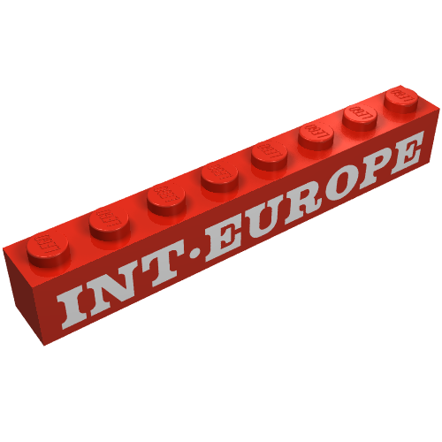 Rendu LDraw de Brique 1 x 8 avec motif imprimé blanc serif 'INT-EUROPE' (Brick 1 x 8 with 'INT-EUROPE' Serif White Print), couleur indicative
