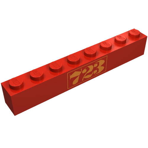 Rendu LDraw de Brique 1 x 8 avec motif imprimé or '723' (Brick 1 x 8 with Gold '723' Print), couleur indicative