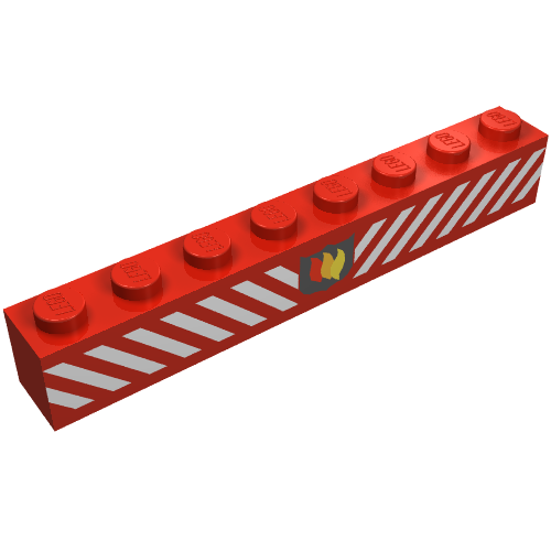 Rendu LDraw de Brique 1 x 8 avec insigne de logo de feu et motif imprimé de rayures diagonales blanches (Brick 1 x 8 with Fire Logo Badge and White Diagonal Stripes Print), couleur indicative