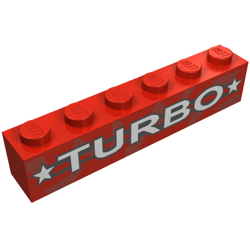 Rendu LDraw de Brique 1 x 6 avec 'TURBO', Motif étoiles rayures noires (Brick 1 x 6 with 'TURBO', Stars Print black stripes), couleur indicative