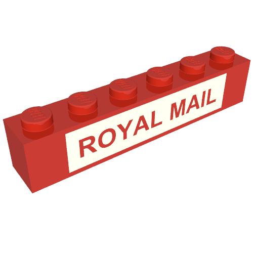 Rendu LDraw de Brique 1 x 6 avec motif imprimé rouge sur blanc 'ROYAL MAIL' (Brick 1 x 6 with Red on White 'ROYAL MAIL' Print), couleur indicative