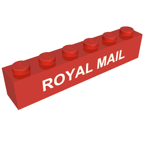 Rendu LDraw de Brique 1 x 6 avec motif imprimé blanc 'ROYAL MAIL' (Brick 1 x 6 with White 'ROYAL MAIL' Print), couleur indicative