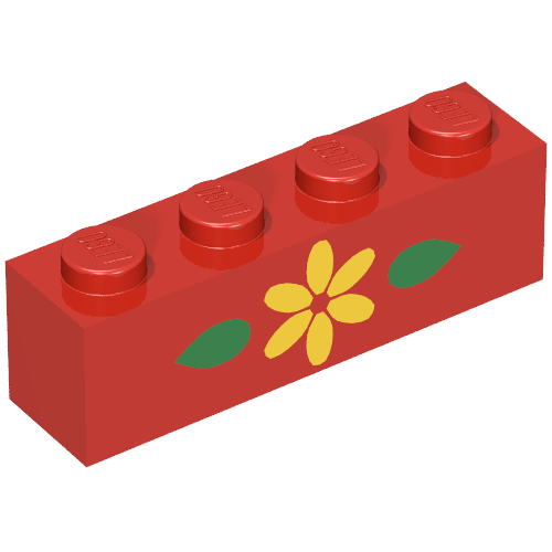 Rendu LDraw de Brique 1 x 4 avec fleur jaune et motif imprimé 2 feuilles vertes (Brick 1 x 4 with Yellow Flower and 2 Green Leaves Print), couleur indicative