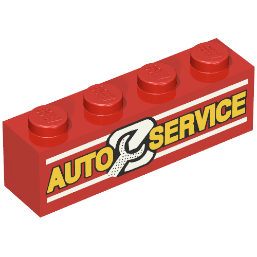 Rendu LDraw de Brique 1 x 4 avec 'AUTO SERVICE' et motif imprimé clé (Brick 1 x 4 with 'AUTO SERVICE' and Wrench Print), couleur indicative