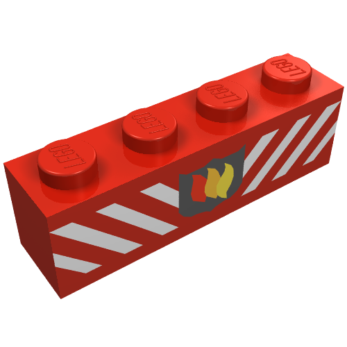 Rendu LDraw de Brique 1 x 4 avec insigne de logo de feu et motif imprimé de rayures diagonales blanches (Brick 1 x 4 with Fire Logo Badge and White Diagonal Stripes Print), couleur indicative