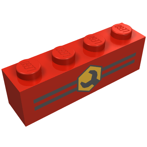 Rendu LDraw de Brique 1 x 4 avec rayures et motif imprimé Clé (Brick 1 x 4 with Stripes and Wrench Print), couleur indicative
