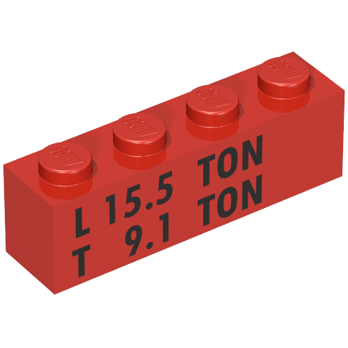 Rendu LDraw de Brique 1 x 4 avec motif imprimé noir 'L 15.5 TON' et 'T 9.1 TON' (Brick 1 x 4 with Black 'L 15.5 TON' and 'T 9.1 TON' Print), couleur indicative